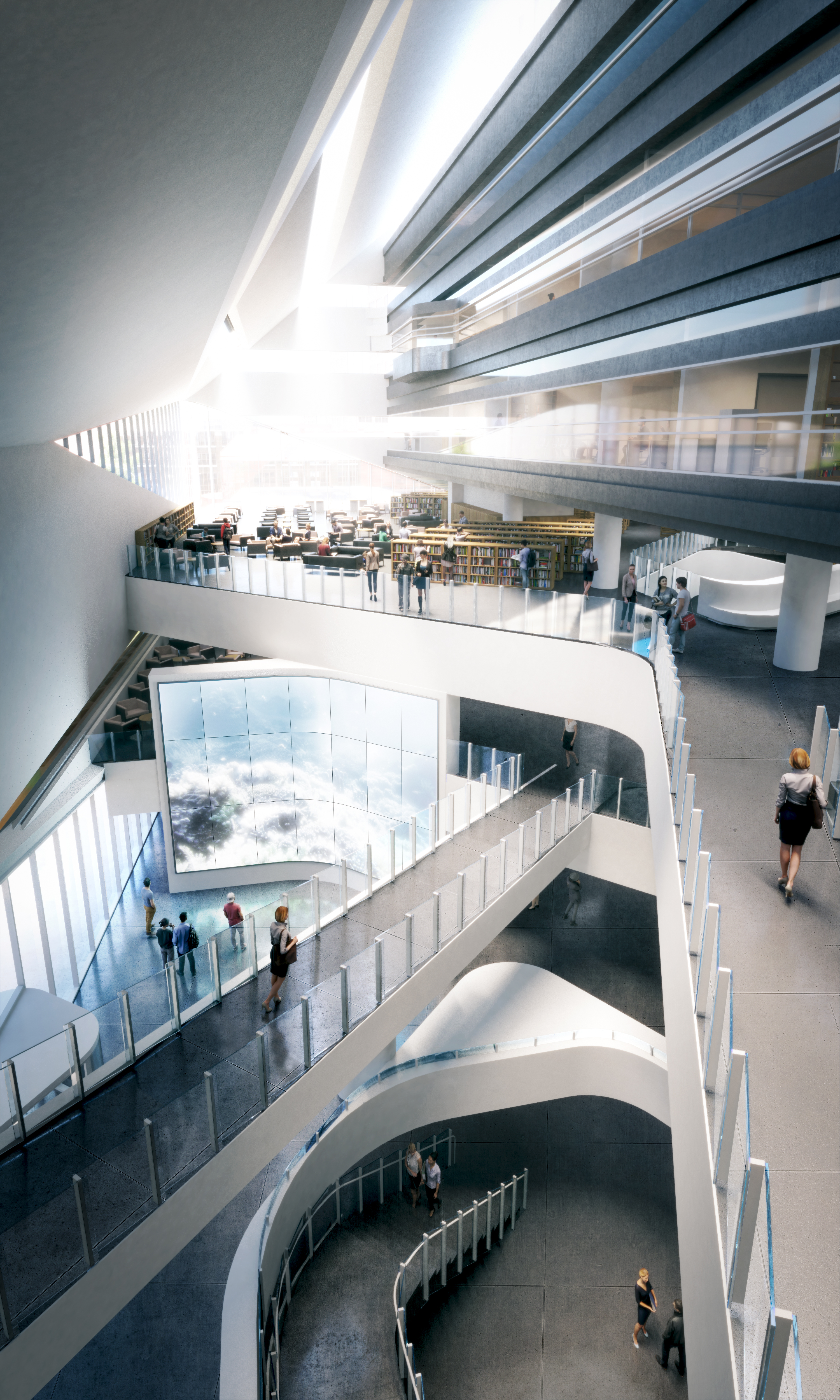 Atrium space within the Stanley A. Milner Library Renewal. Rendering by Norm Li.