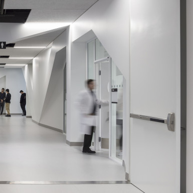 Expression of steel truss in interior spaces. The building’s dynamic structure is judiciously revealed via a variety of displays including sculptural plasterboard in interior circulation spaces. Photo by Andrew Latreille.