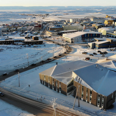 Aerial view of the Nunavut Arctic College Expansion in the context of the City of Iqaluit. Photo by Julie Jira.