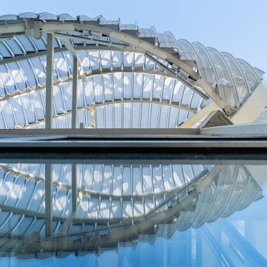Detail view of the perforated metal scrim. The fully digital 3D design and documentation process allowed the metal scrim model data to inform the shape of steel framing, simplifying the what would have otherwise been onerous structural design and fabrication process. Photo by Michael Muraz.
