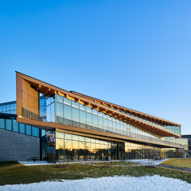 Evening view of south façade of student centre. Photo by Andrew Latreille.