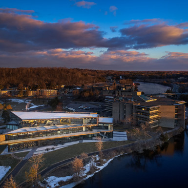 Aerial view of south façade at dusk. Photo by Andrew Latreille.