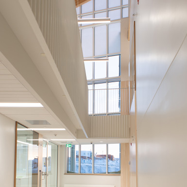 View of the clerestory from Level 1 through the Level 2 cut-out. Photo by Julie Jira.