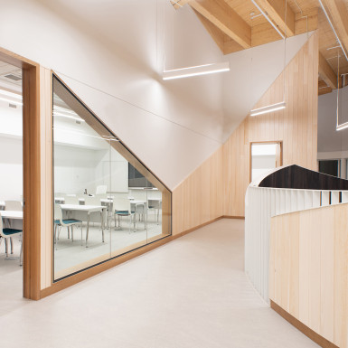 View through the interior classroom glazing. Photo by Julie Jira.